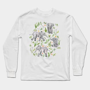 Baby Elephants and Egrets in watercolor - blush pink Long Sleeve T-Shirt